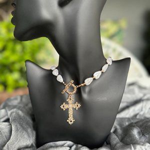 PEARL CROSS NECKLACE - GOLD NECKLACE - RHINESTONE NECKLACE